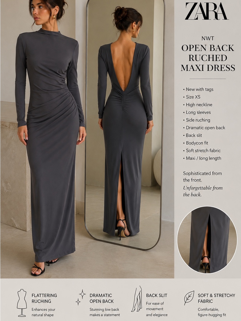 NWT Zara Long Sleeved Ruched Backless Maxi Dress with back slit - Gray